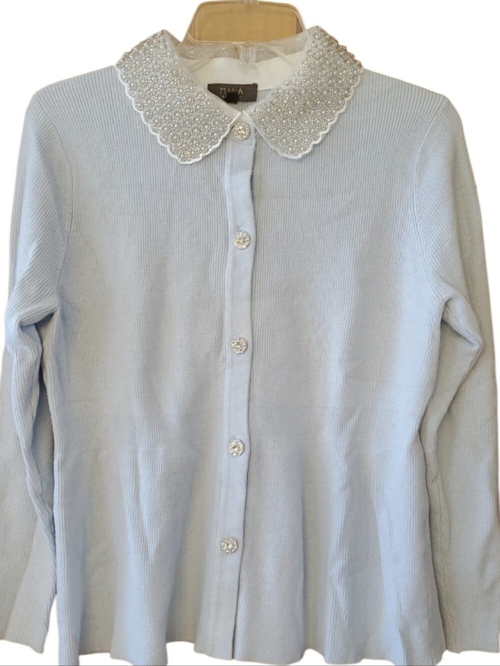 Mila Milano Baby Blue Ribbed Knit Cardigan with Beaded Pearl Collar Size Medium